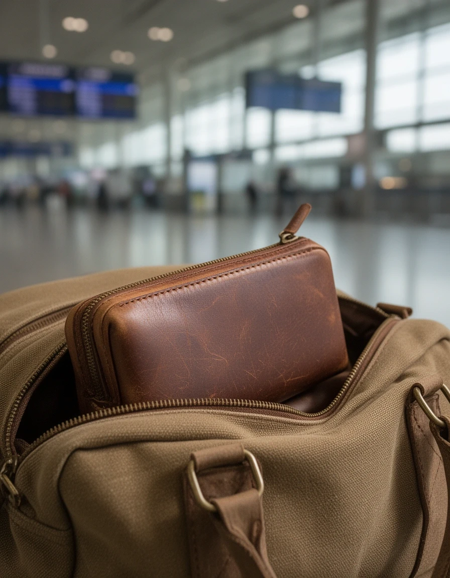 旅行バッグの中のレザーケース