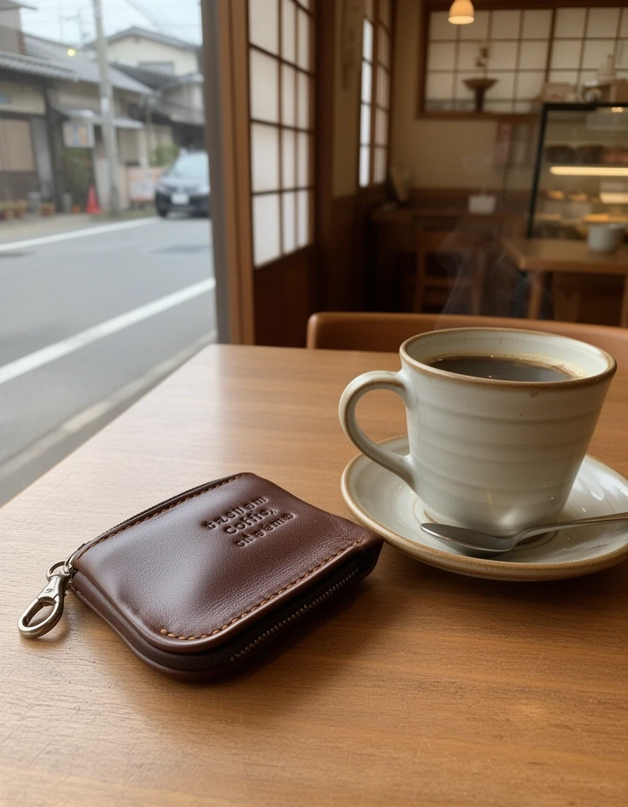 コーヒーカップの隣のキーケース