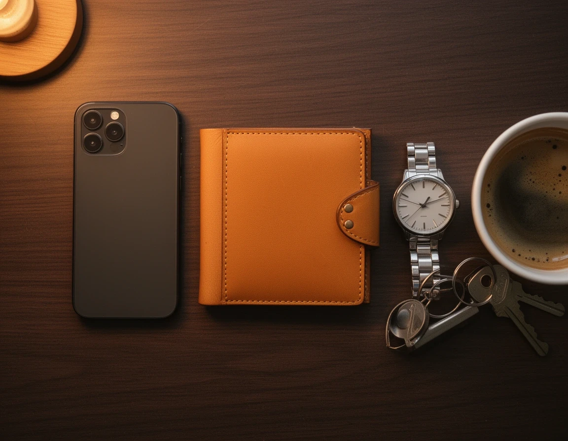 デスクの上の財布と持ち物